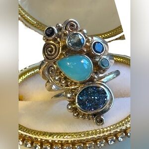 Beautiful Sajen Multi Color Gemstone Druzy Sterling Silver Ring Size 8